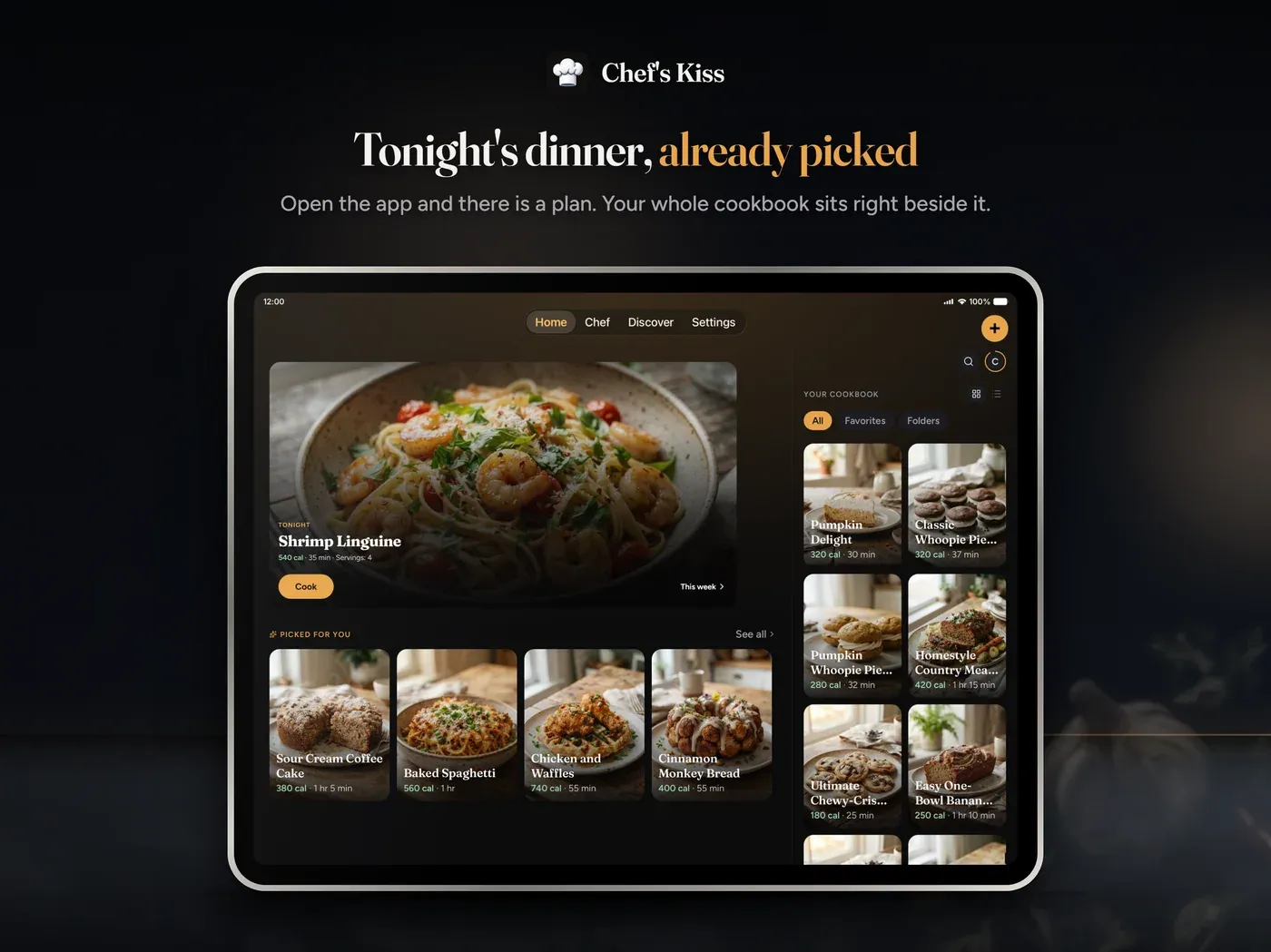 Chef’s Kiss brings a recipe library and tonight’s meal together in one view.